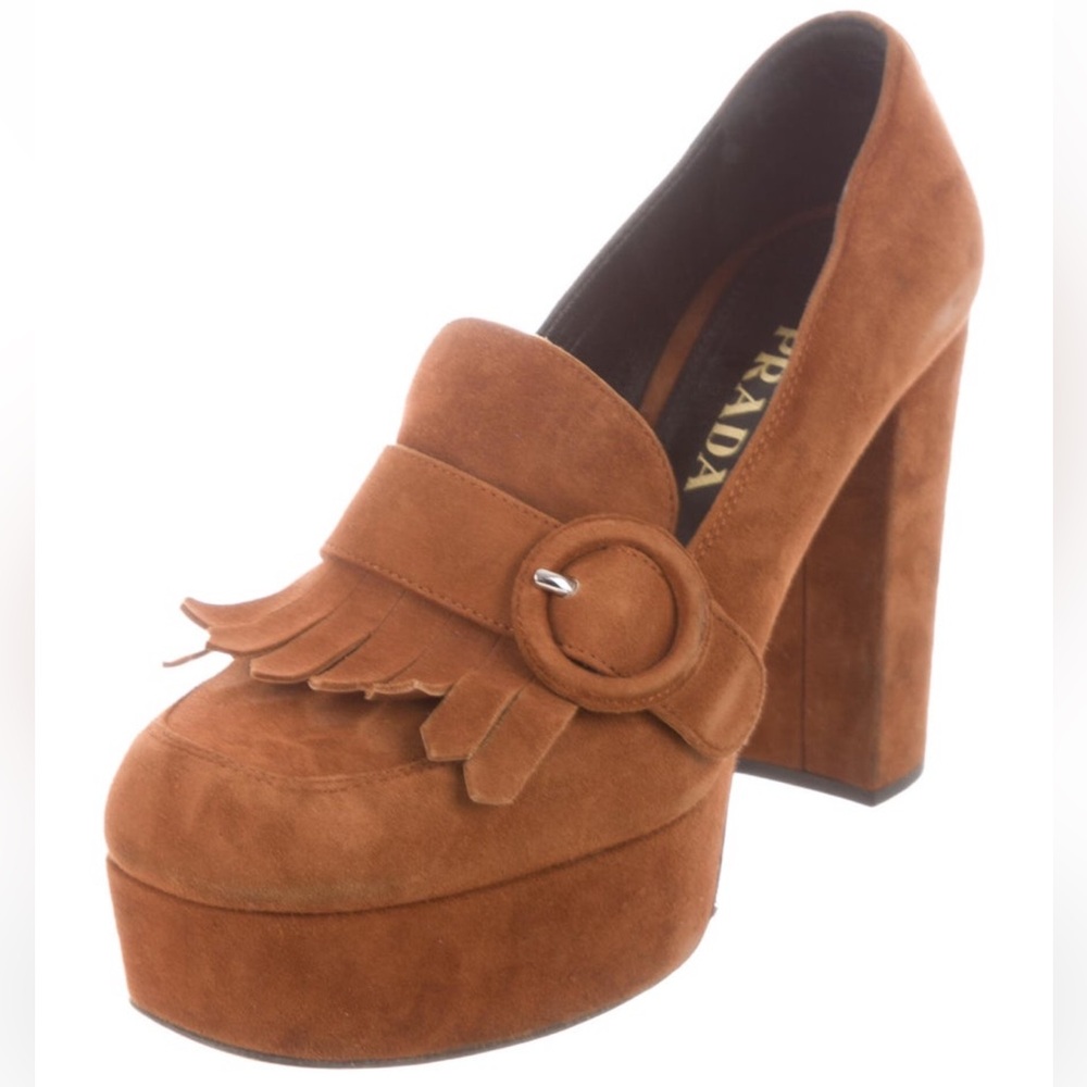 Prada brown suede fringe platform 
Maryjane style heel pump